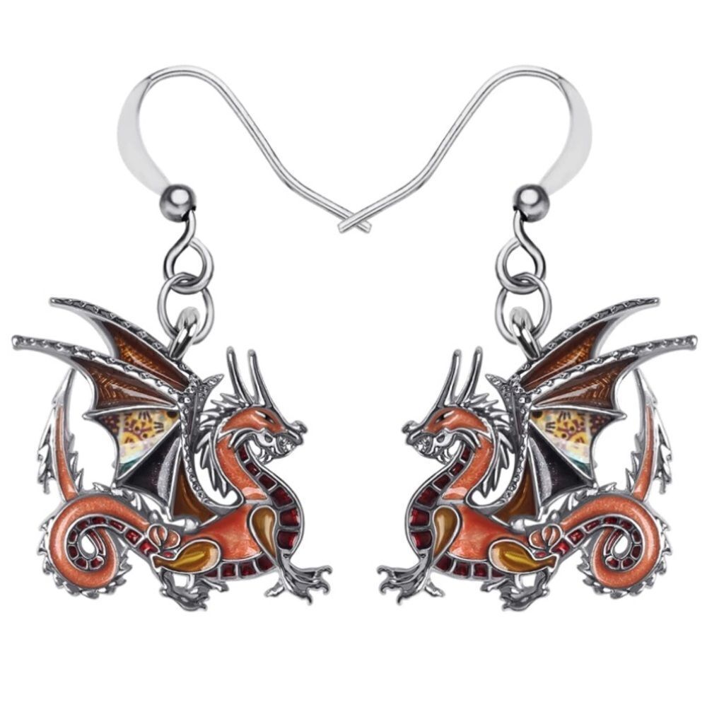 Silver and Multicolor Enamel Mythical Dragon Dangling French Wire Hook Earrings